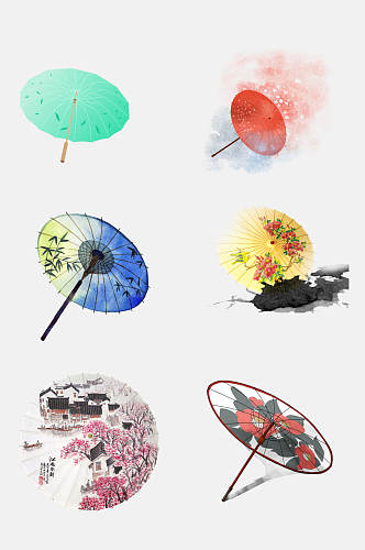 免抠元素彩色水墨画油纸伞元素素材
