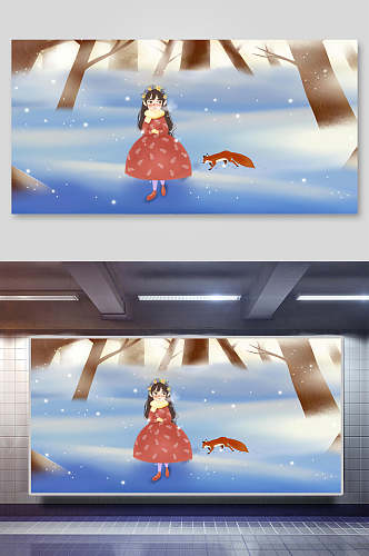 卡通雪地女孩狐狸插画海报