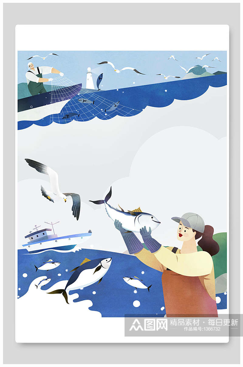 捕鱼水产手绘插画海报背景素材