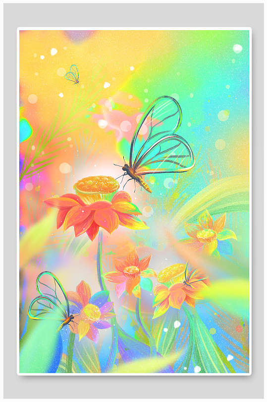蝴蝶在花丛飞舞手绘插画海报