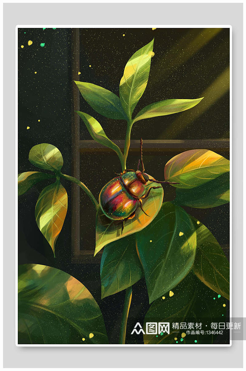 绿色植物瓢虫手绘插画海报素材