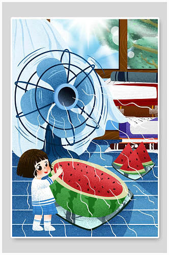 炎热夏季吃西瓜吹风扇手绘插画海报
