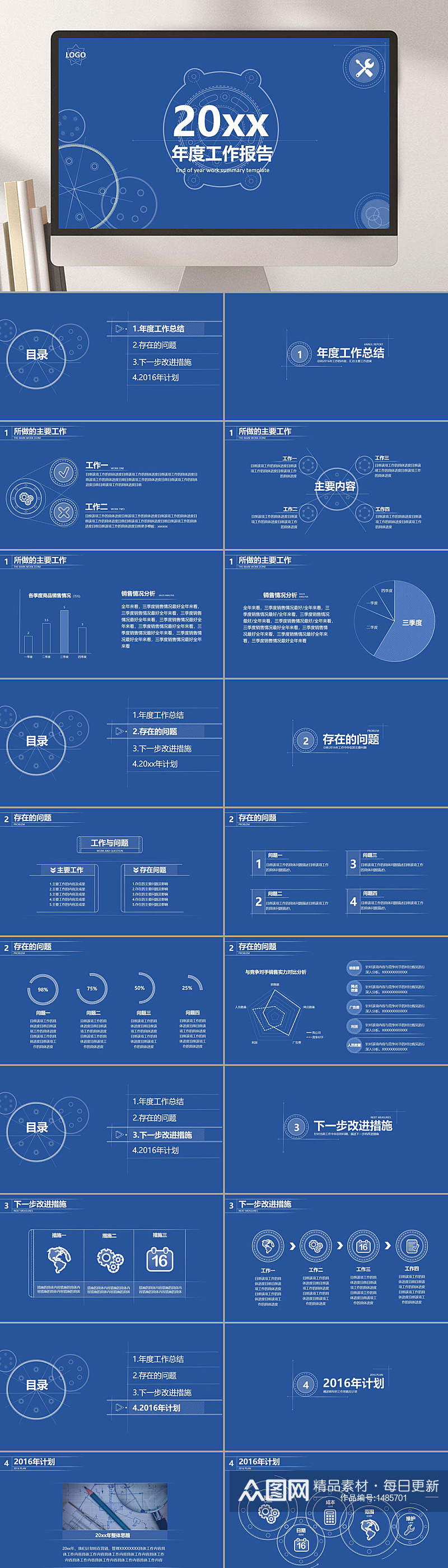 原模板蓝色年度总结通用PPT模板素材