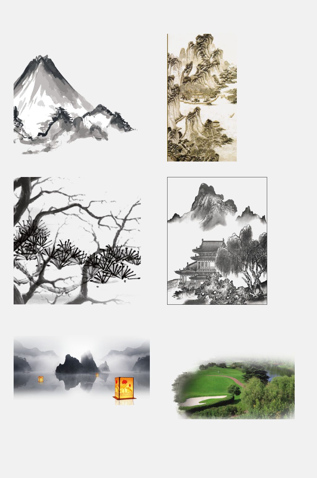 传统中国风手绘山水画古风免扣元素素材