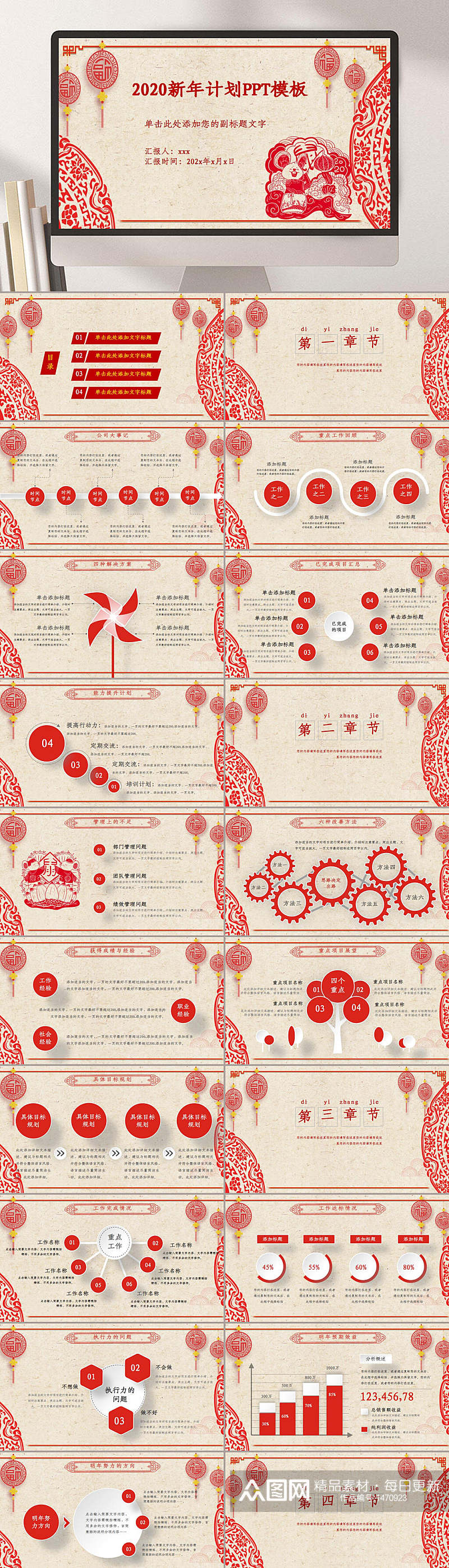 中式喜庆新年工作总结模板PPT素材