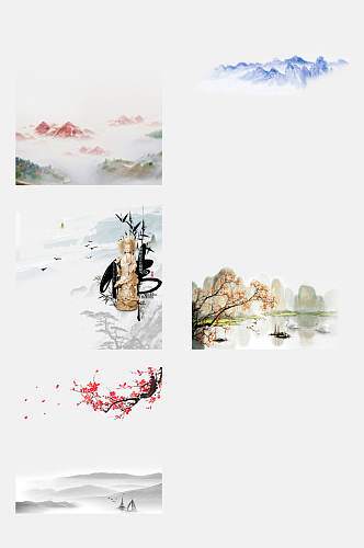 传统中国风手绘山水画古风免扣元素