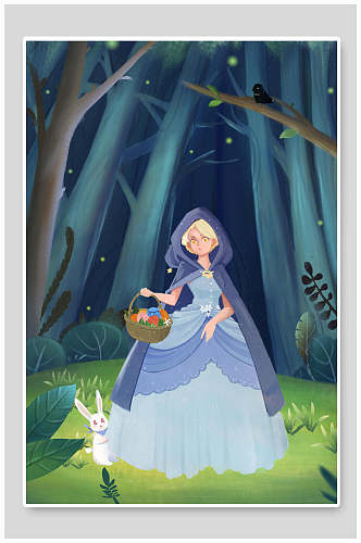 童话公主女孩兔子手绘插画海报