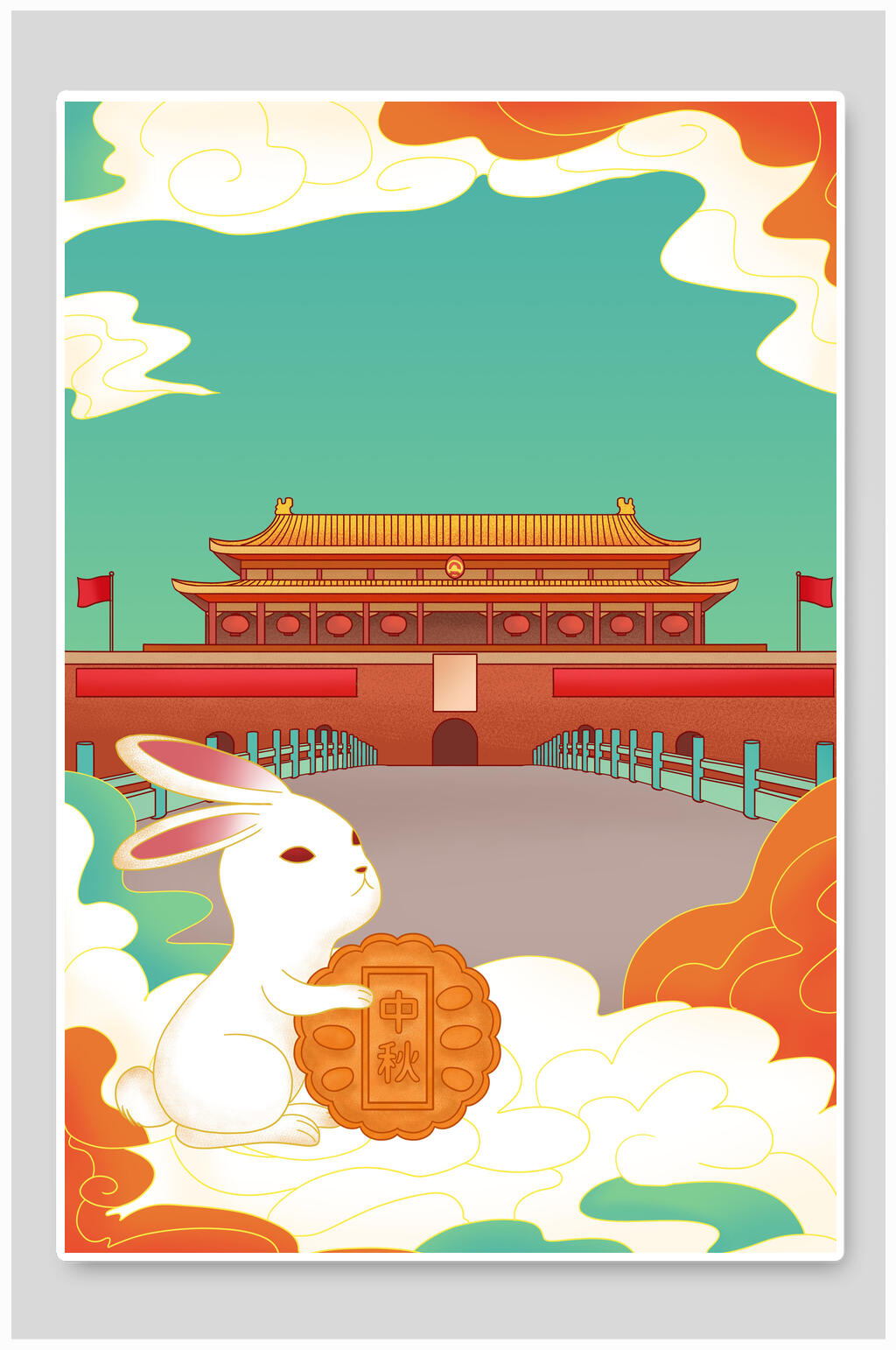 国庆节插画玉兔月饼天安门素材