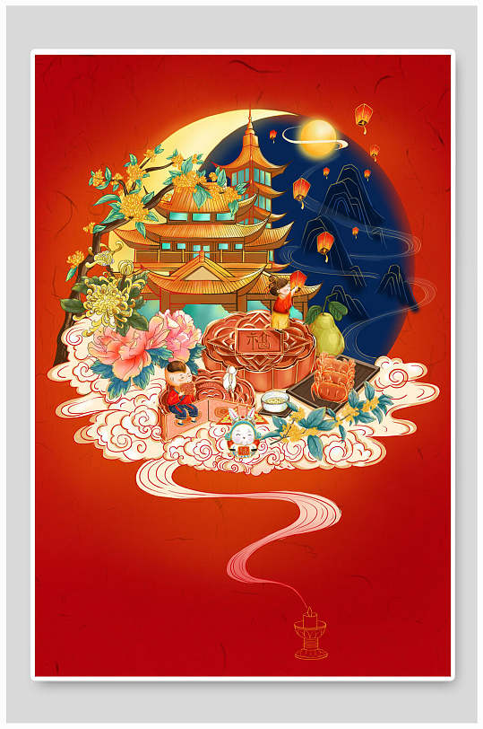 国庆节插画国画吉祥如意大红喜庆