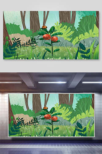 绿色森林手绘插画海报