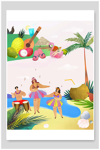 海边草裙舞椰子树沙滩手绘插画海报