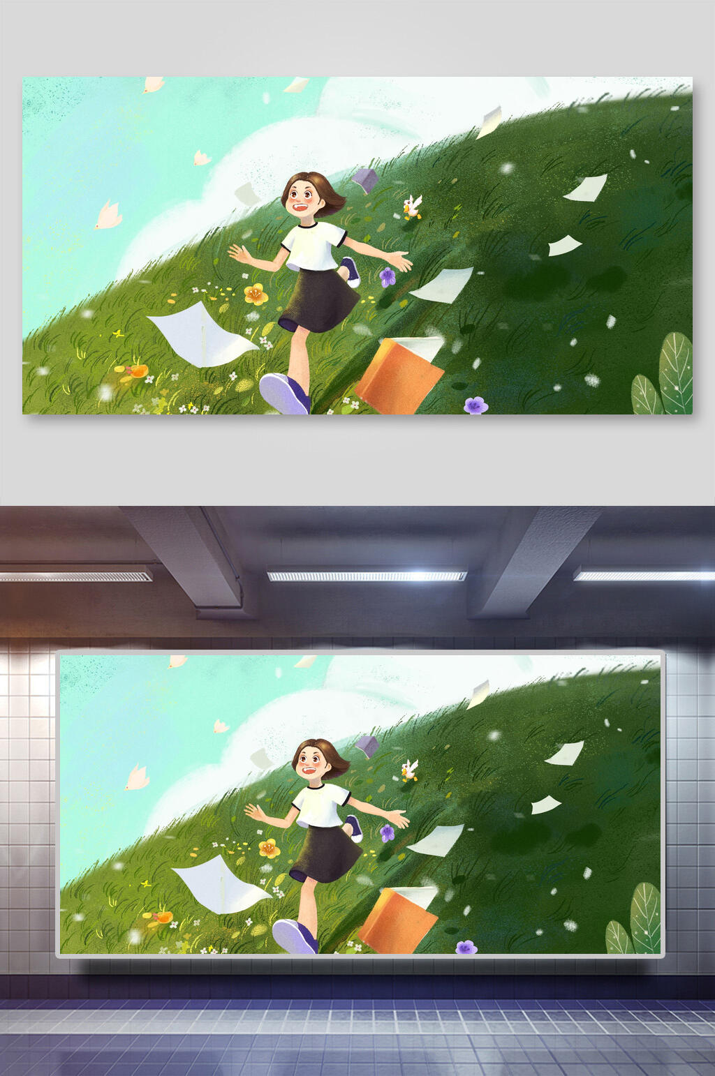 插画设计草原奔跑的女孩欢快卡通素材