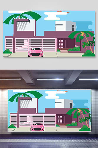 旅游插画城市景色小汽车椰子树卡通