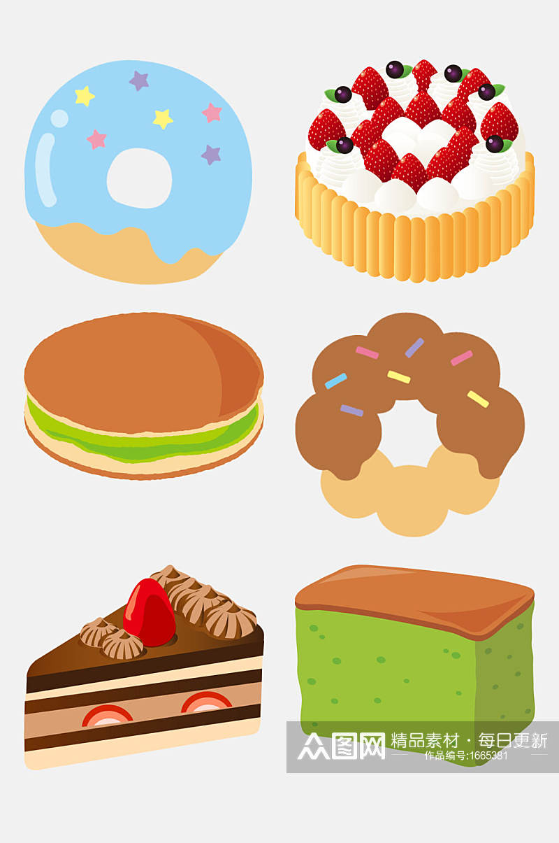 清新手绘甜甜圈蛋糕甜品免扣元素素材