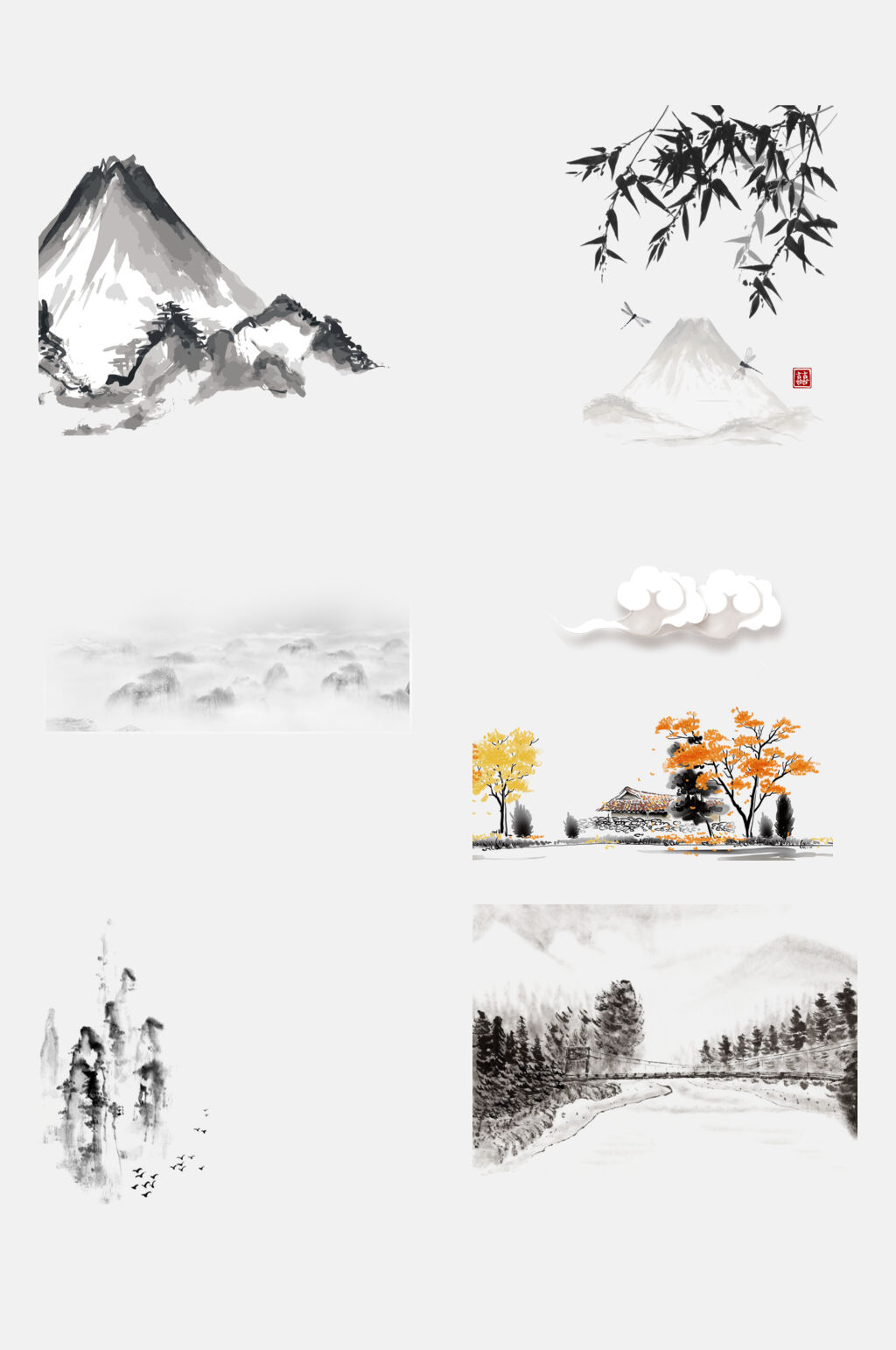 水墨国潮插画山水古风免扣素材素材