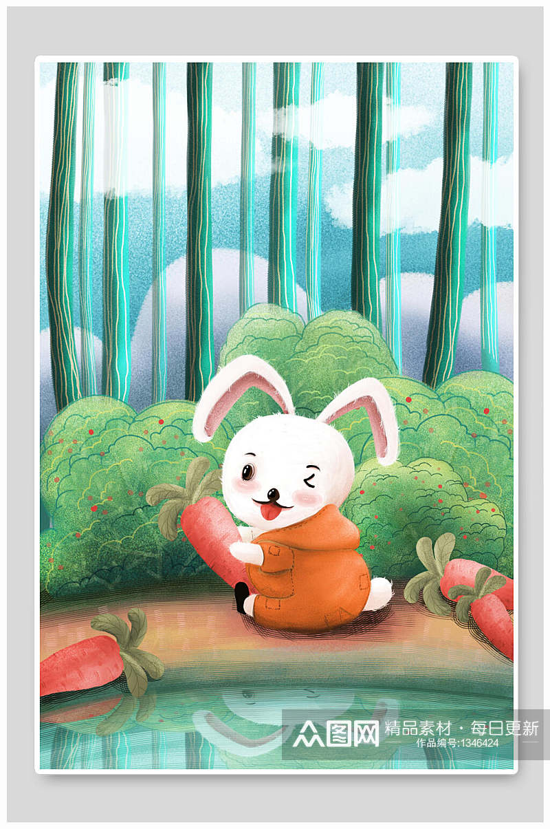 小白兔吃萝卜手绘插画海报素材