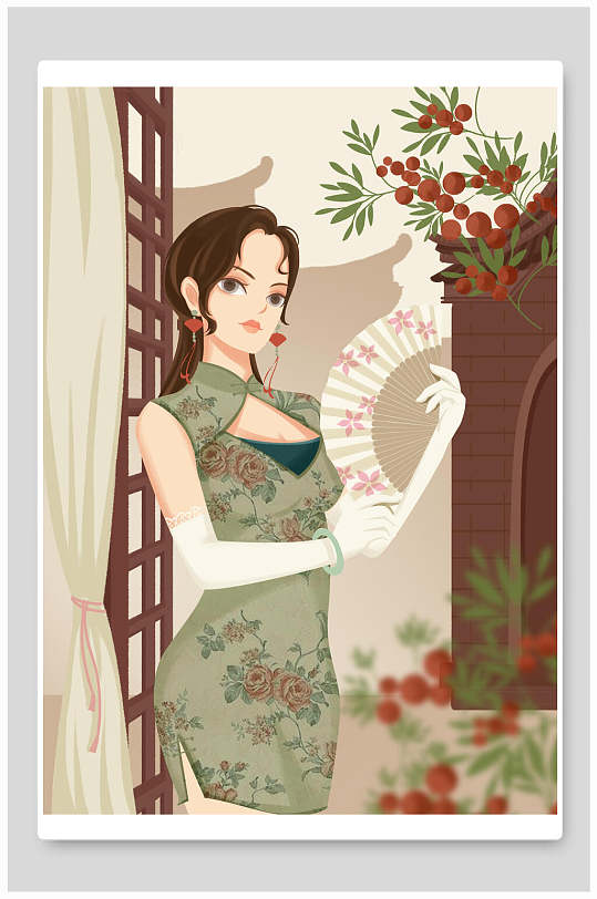 小清新民国风性感旗袍插画立即下载看书旗袍少女png元素