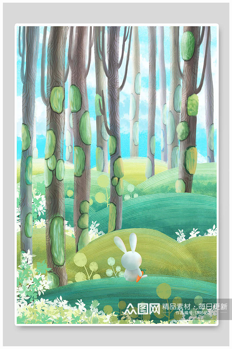 卡通树林中小白兔手绘插画海报素材