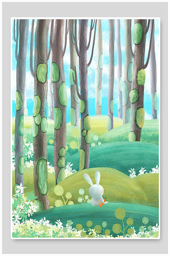 卡通树林中小白兔手绘插画海报