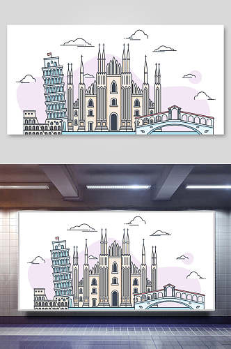 城市插画简笔城堡斜塔
