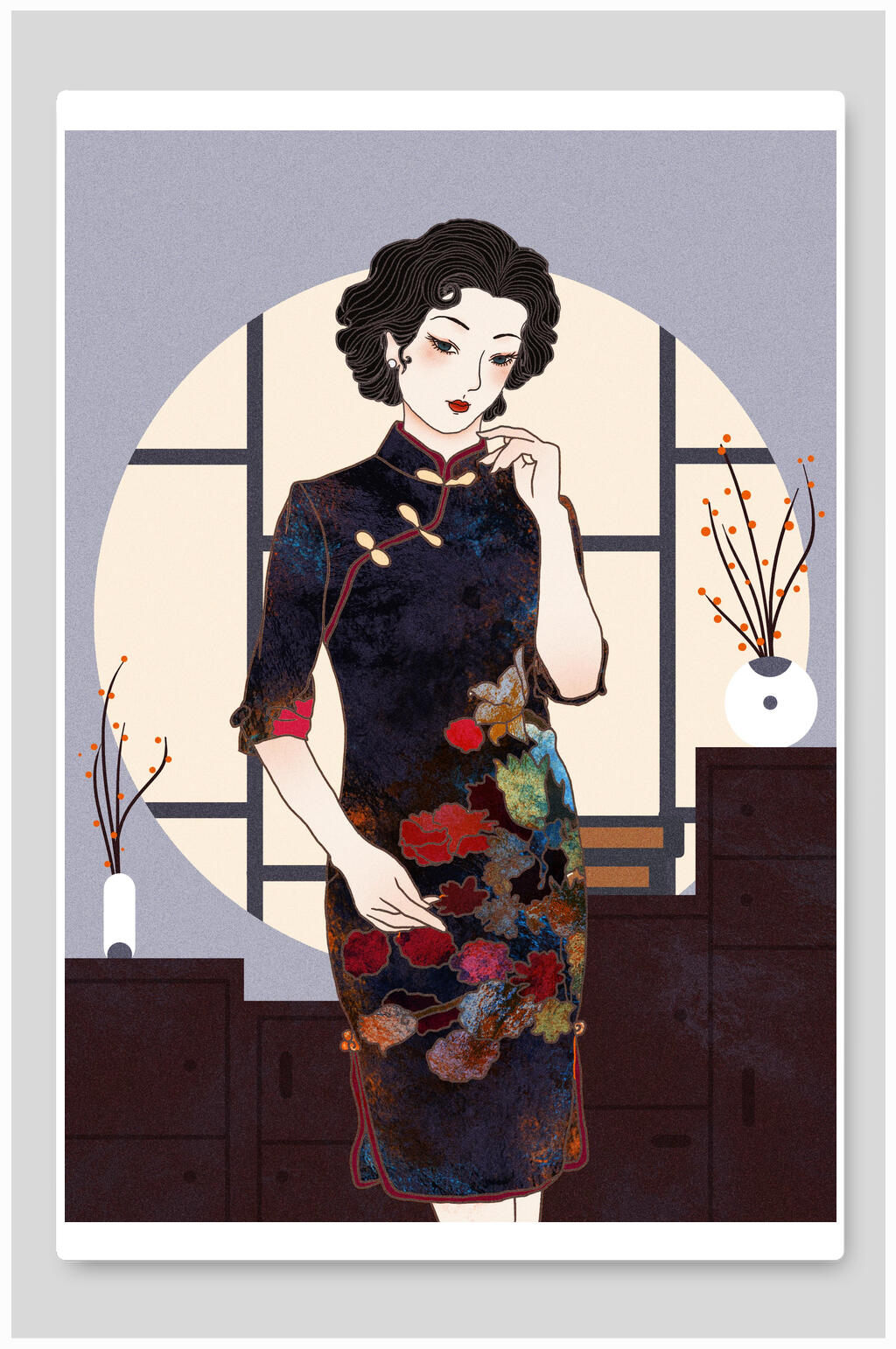 国风旗袍插画素材