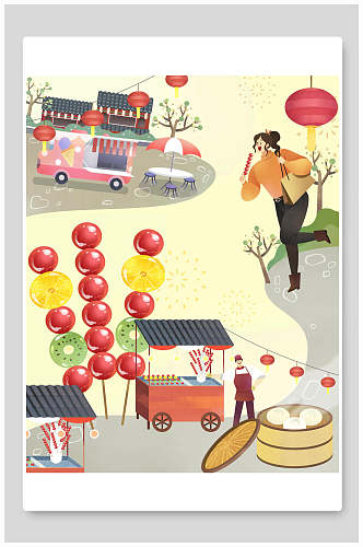 春节糖葫芦红灯笼手绘插画海报