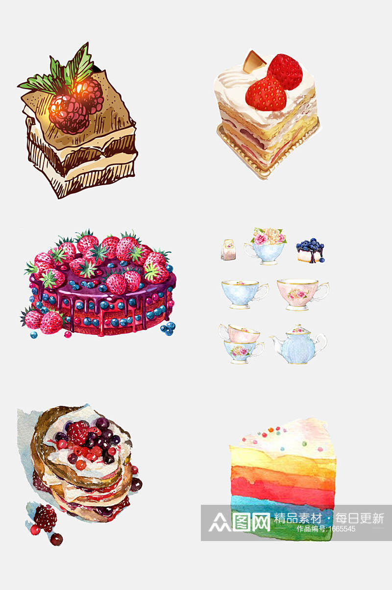 欧式甜点蛋糕手绘插画元素素材