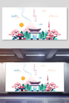 城市插画卡通景区风情