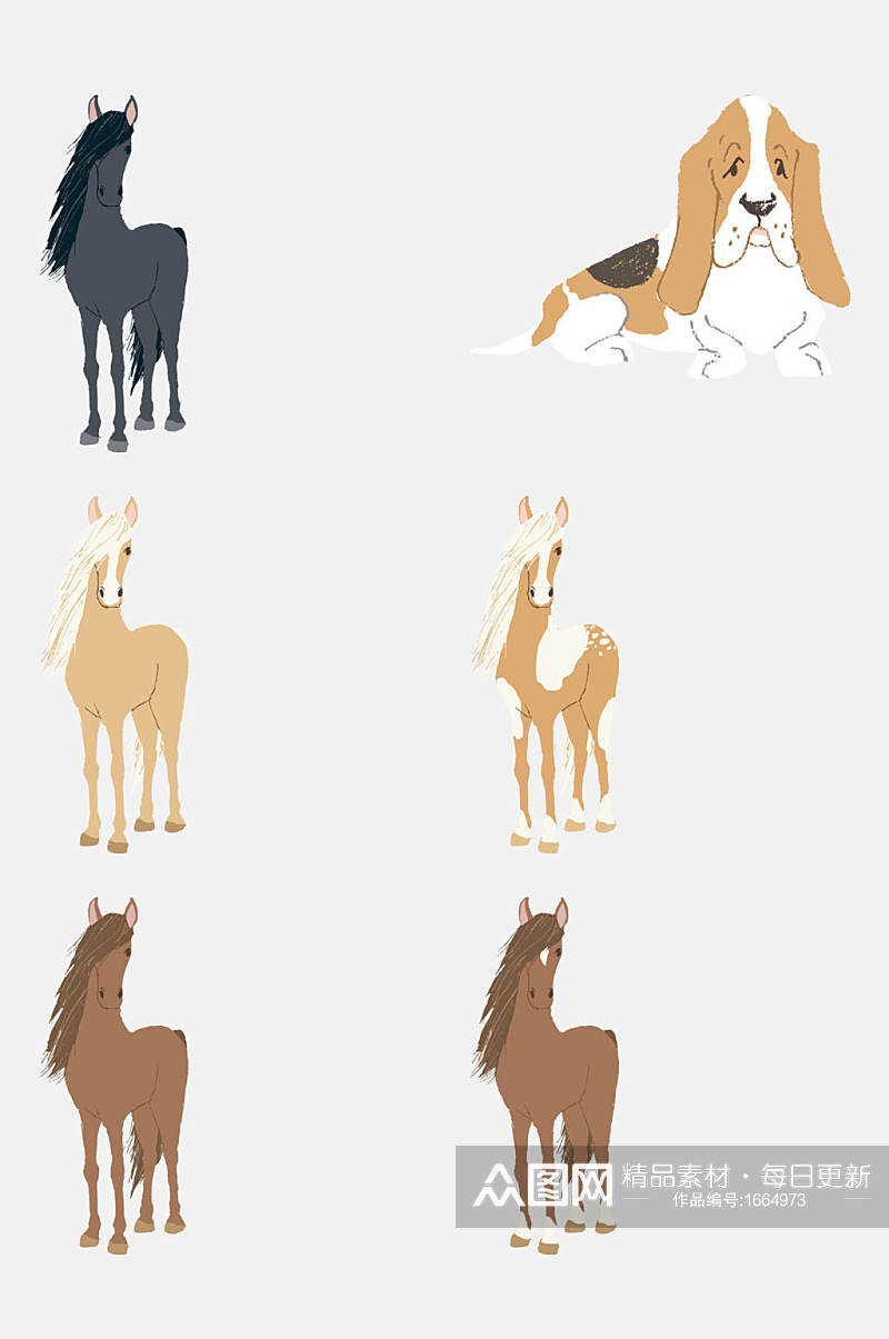 手绘马匹小狗动物卡通免扣元素素材
