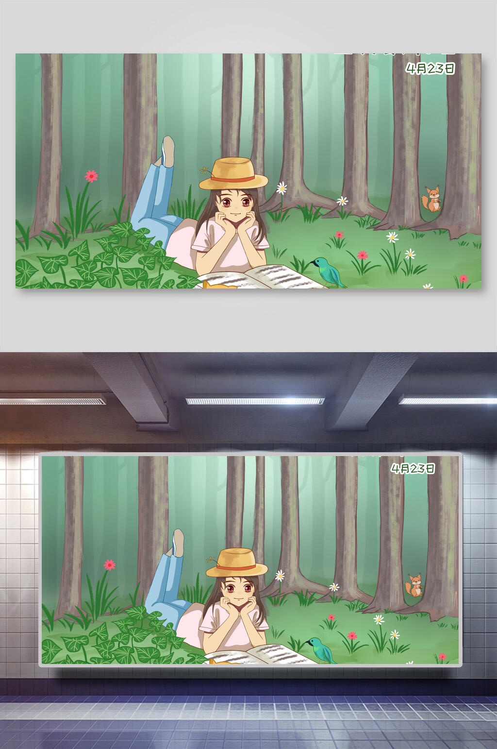 插画设计读书女孩森林户外素材