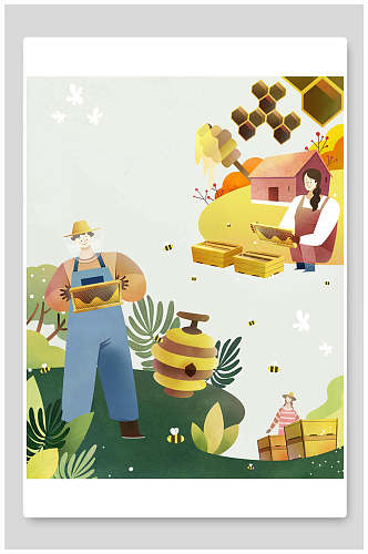 蜂蜜蜜蜂蜂农手绘插画海报