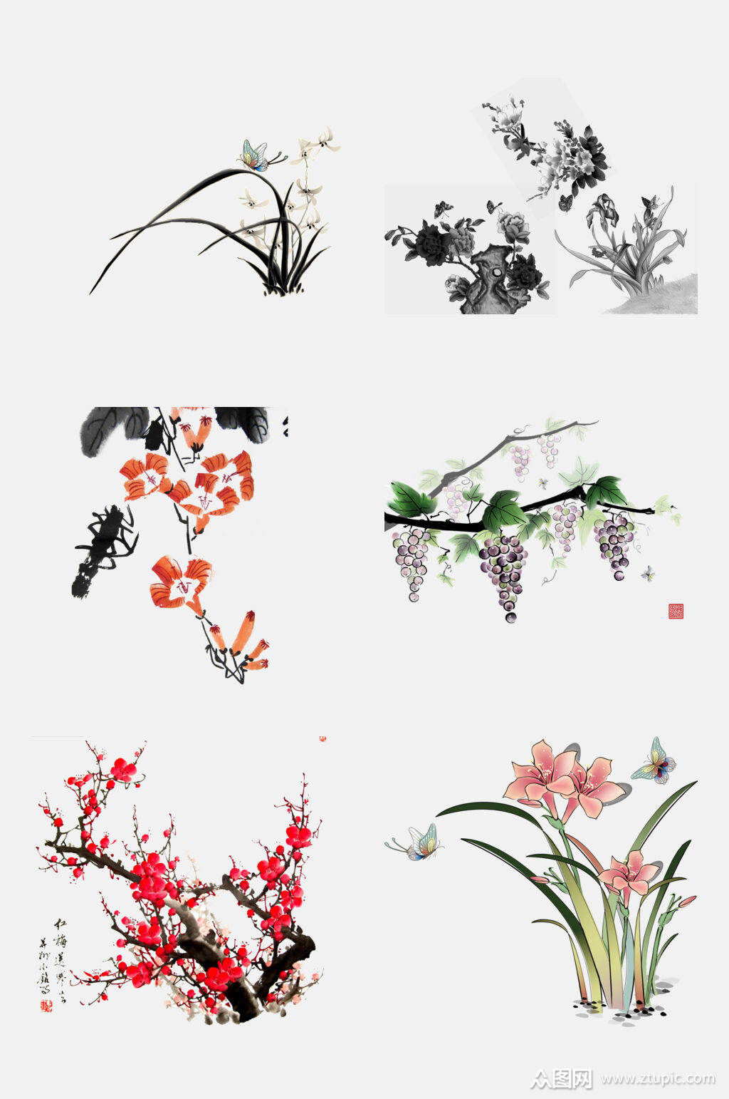 免抠元素中式水墨花卉元素素材模板下载-编号1680619-众图网