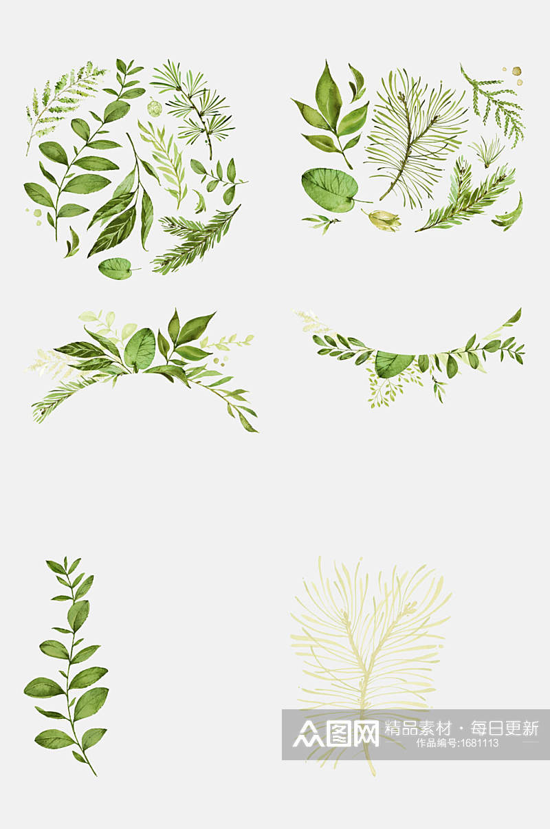 手绘植物绿叶盘花元素素材素材