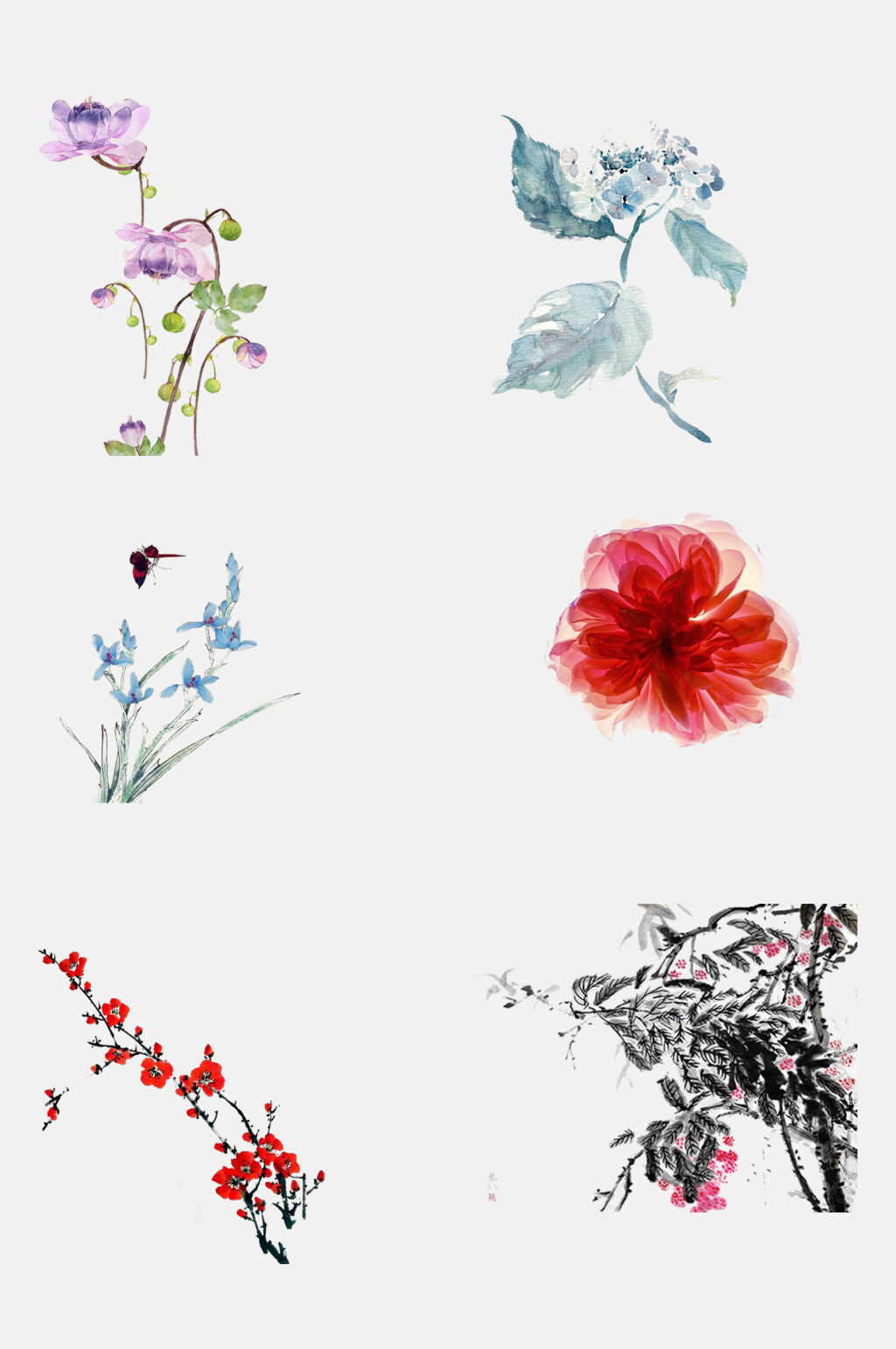 水墨花卉牡丹梅花元素素材素材