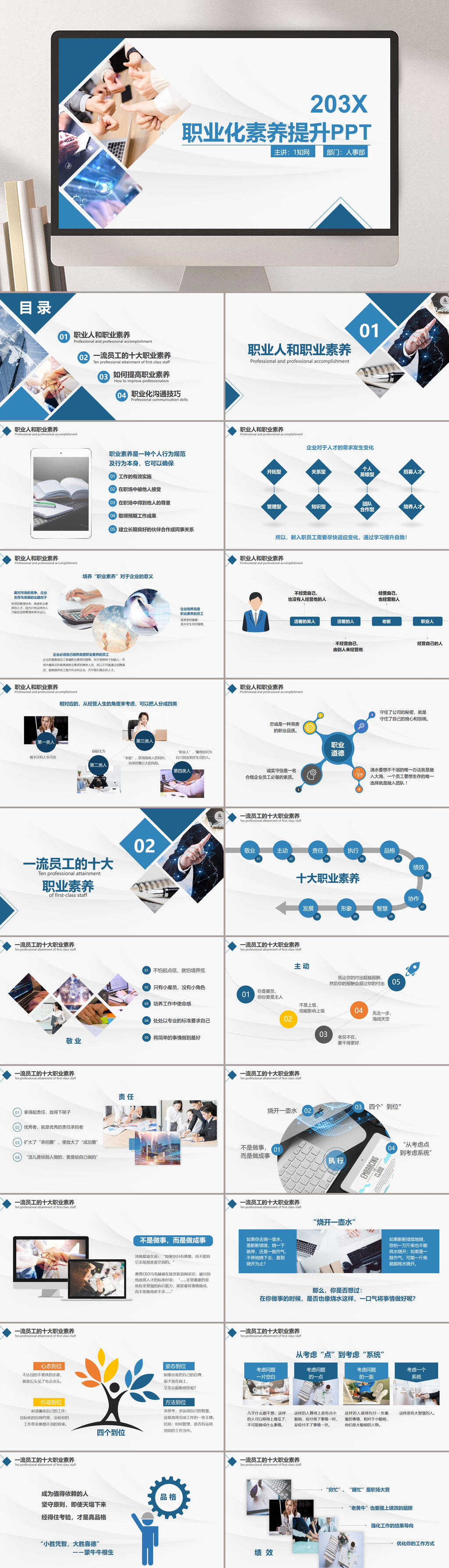 职业化素养蓝色简约企业PPT模板素材