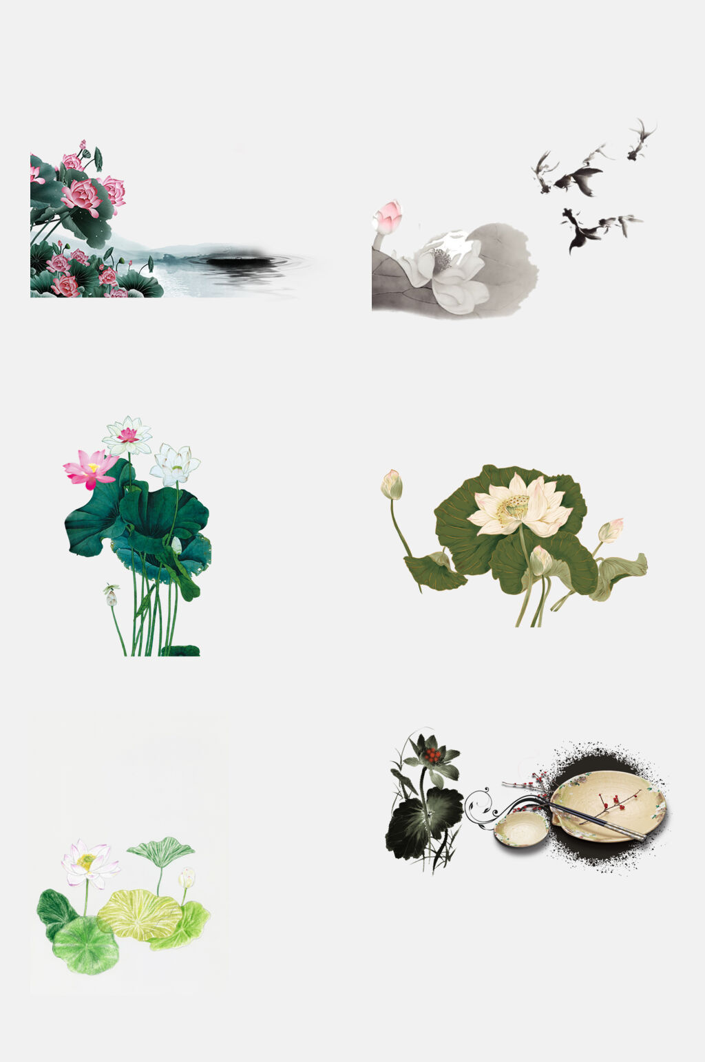 绿色池塘水彩水墨荷花免扣元素素材