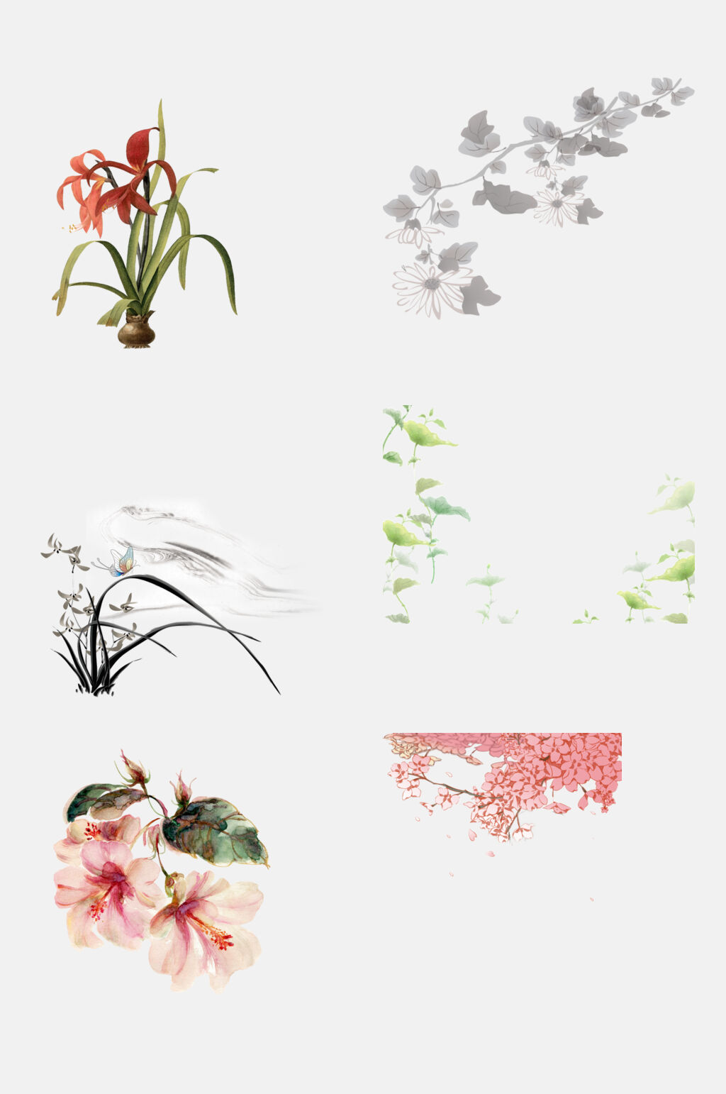 水墨花卉牡丹梅花元素素材素材