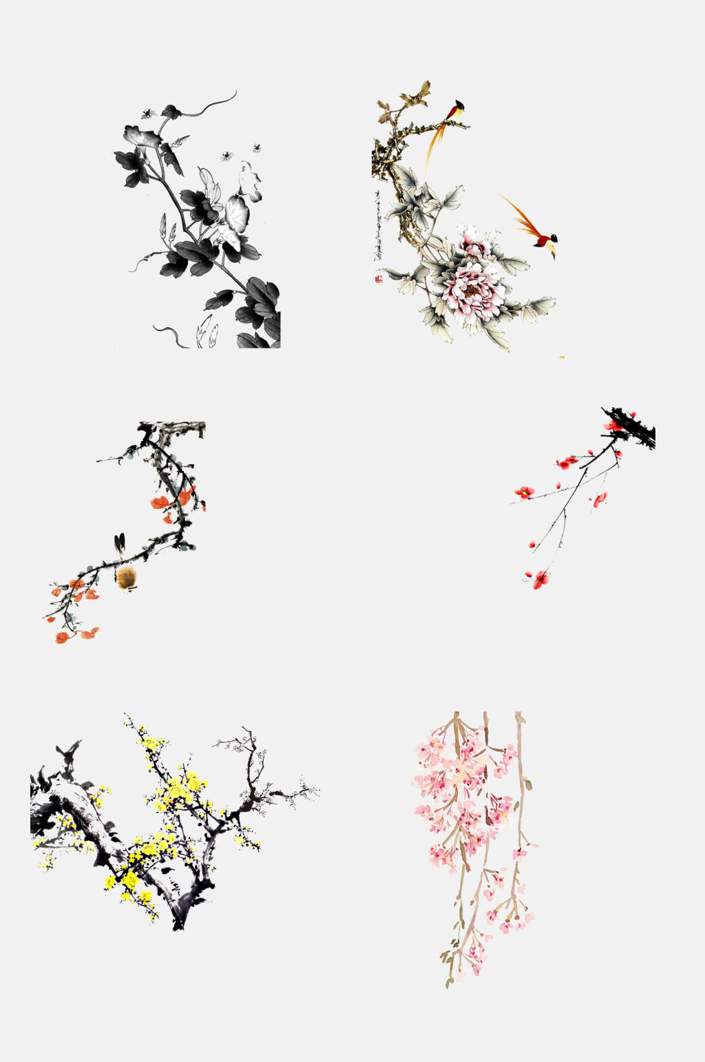 免抠元素桃花水墨花卉元素素材素材