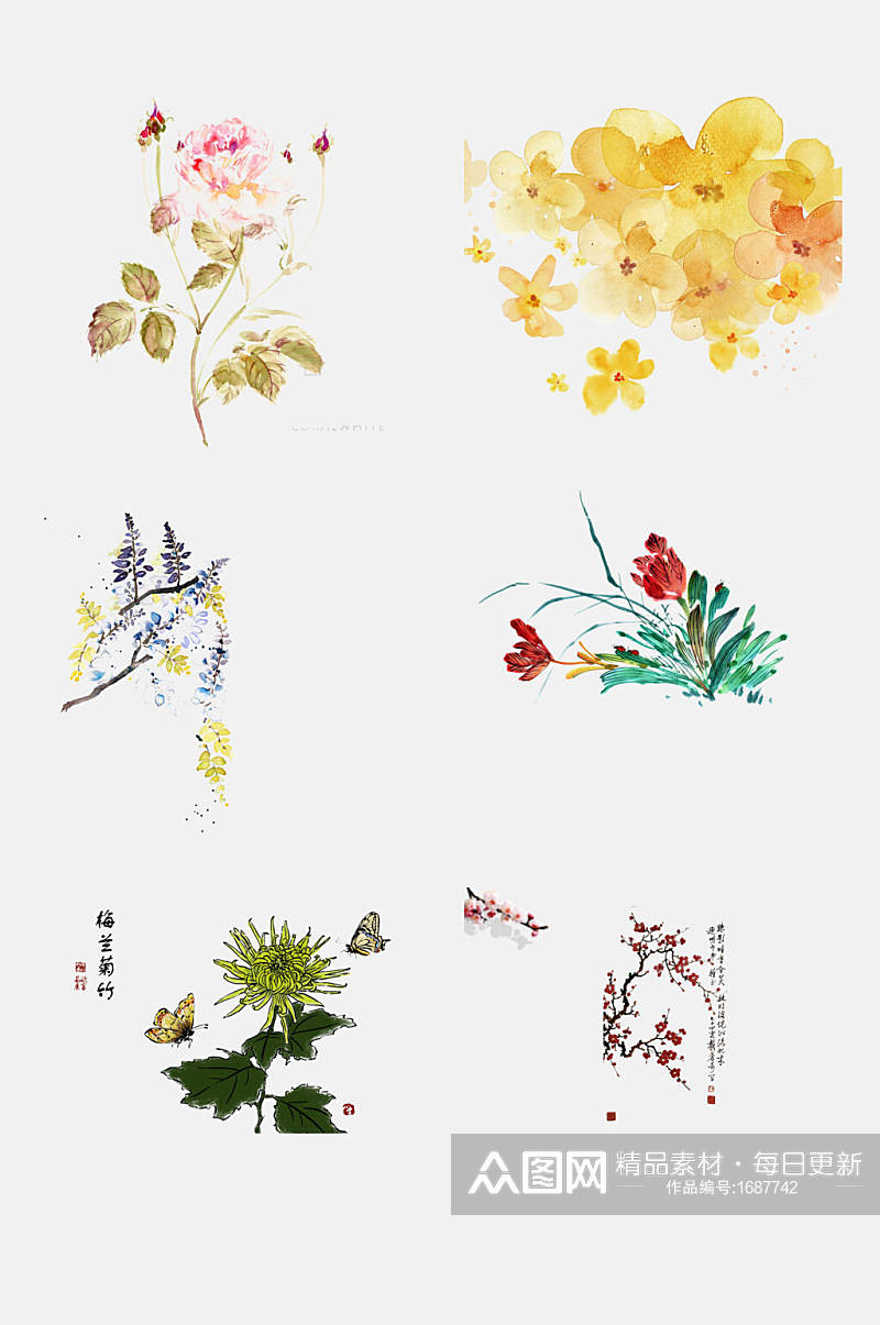 典雅水墨花卉元素素材素材
