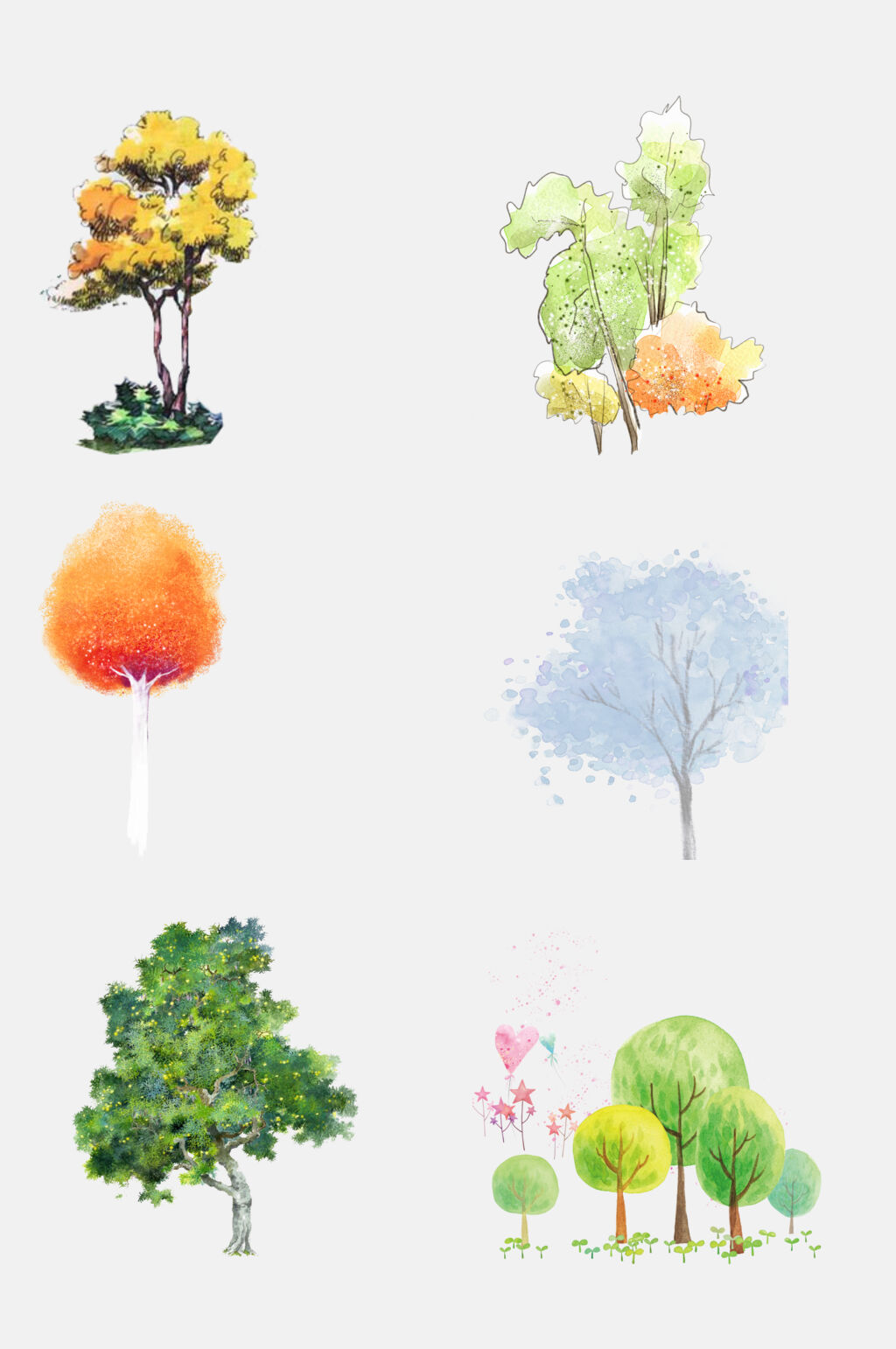 手绘水彩植物树木清新元素素材