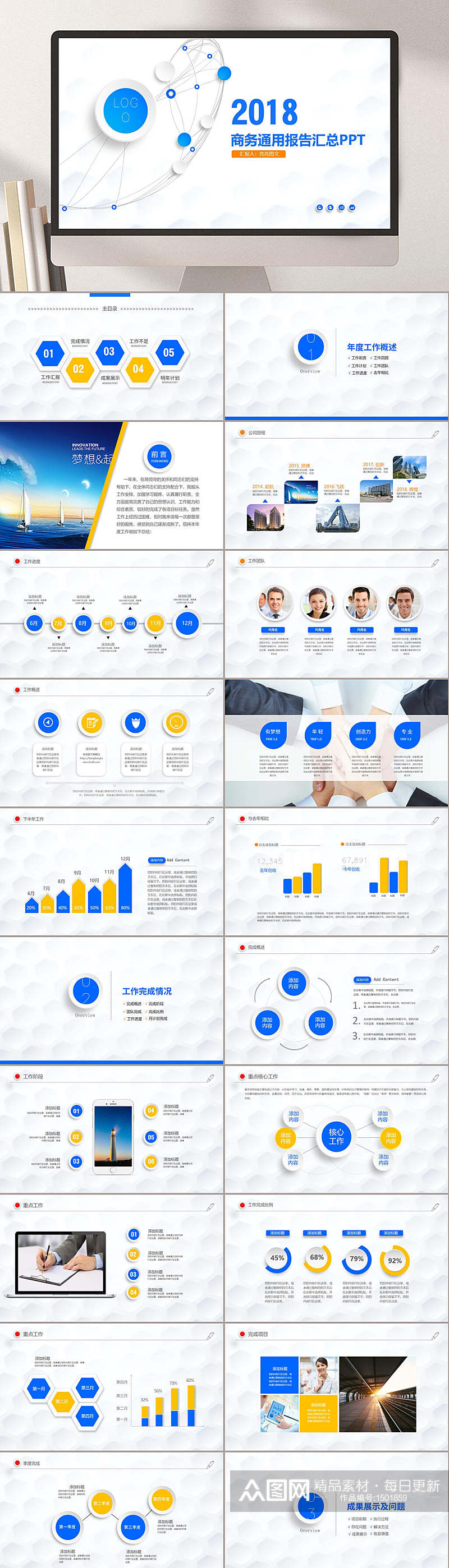 工作汇报年终总结蓝色主题通用PPT素材