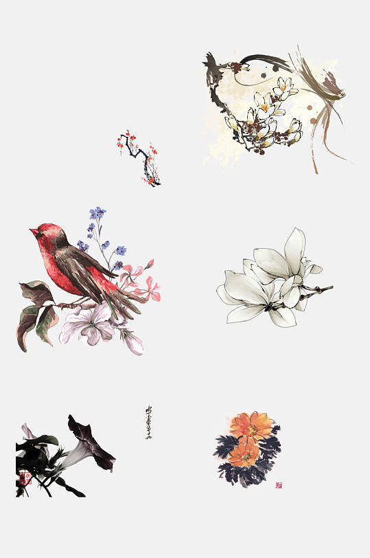 水墨花卉梅兰菊元素素材-众图网
