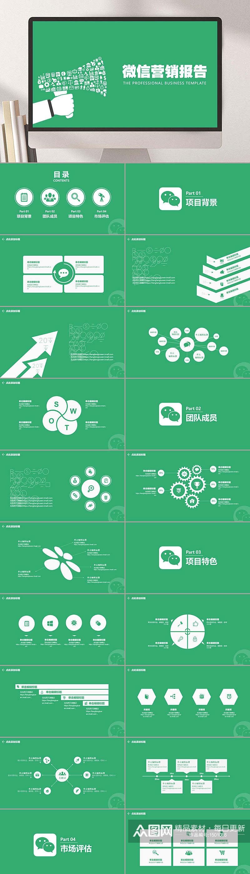 商业项目营销报告微信营销报告绿色PPT模板素材