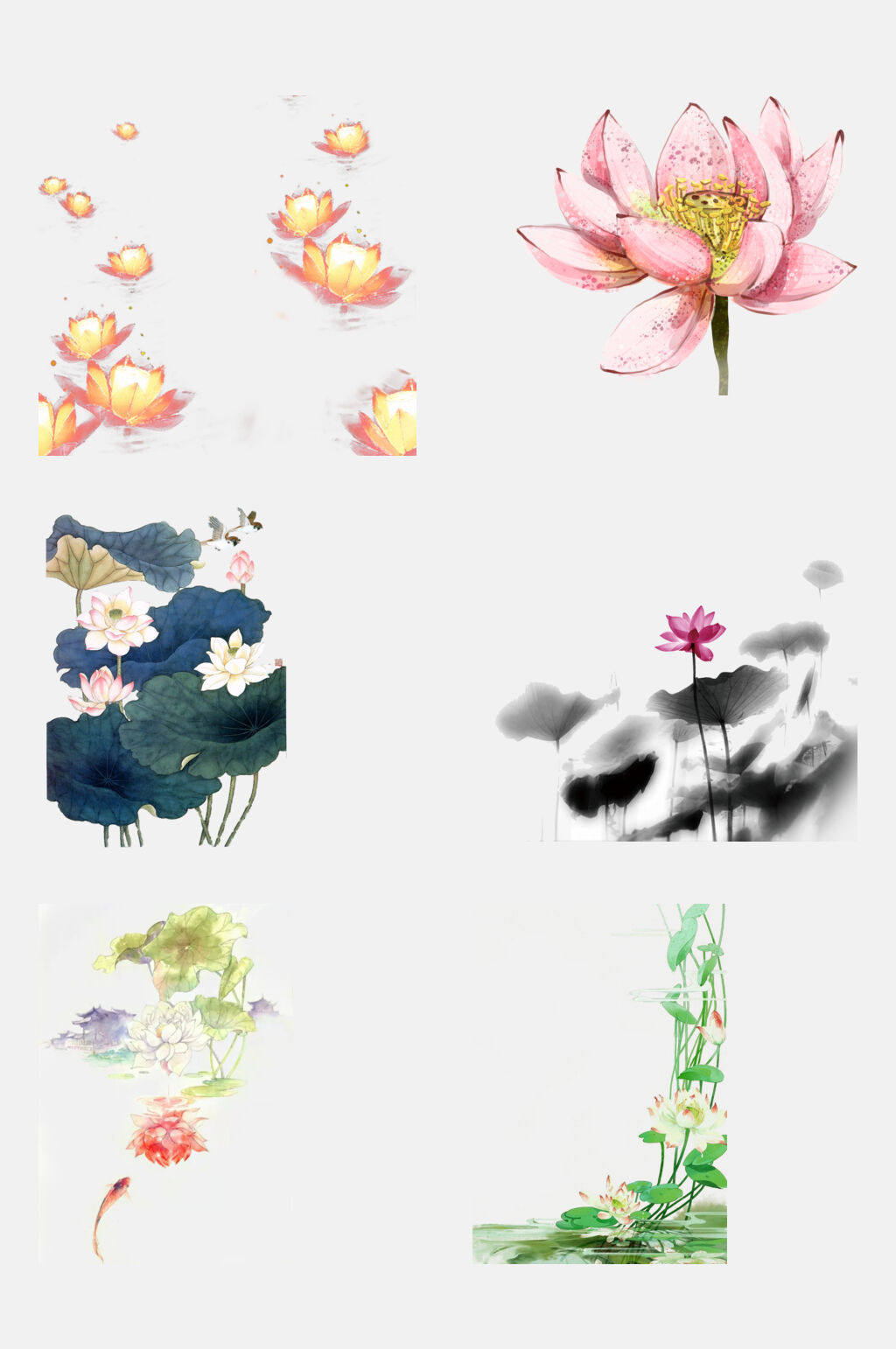 绿色池塘水彩水墨荷花免扣元素素材