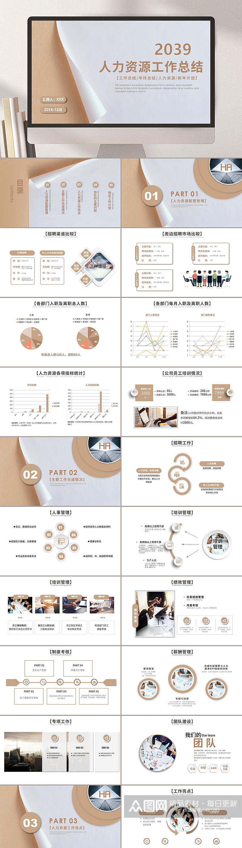 人力资源工作总结棕色PPT模板素材