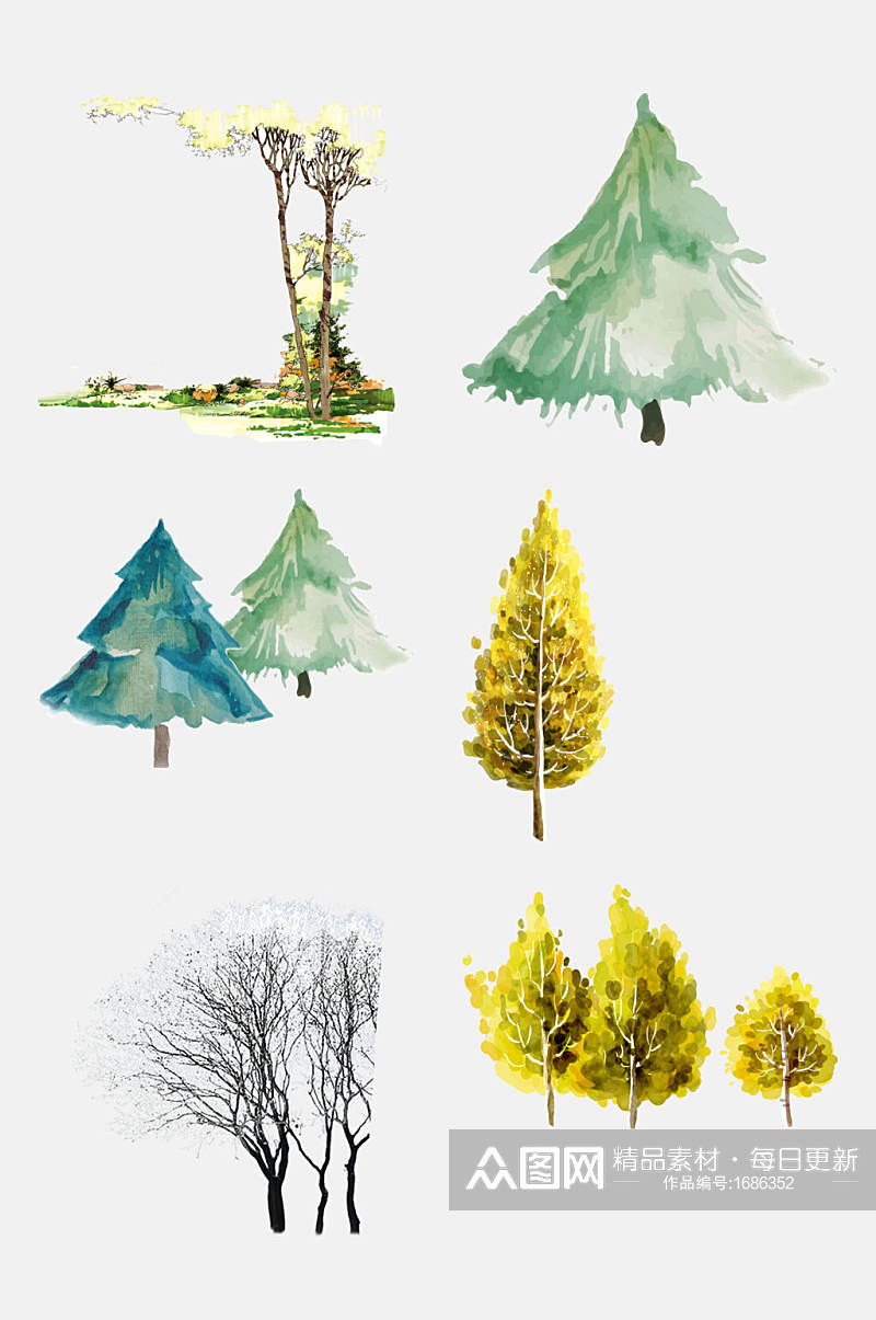 水彩绘深绿树木图片素材