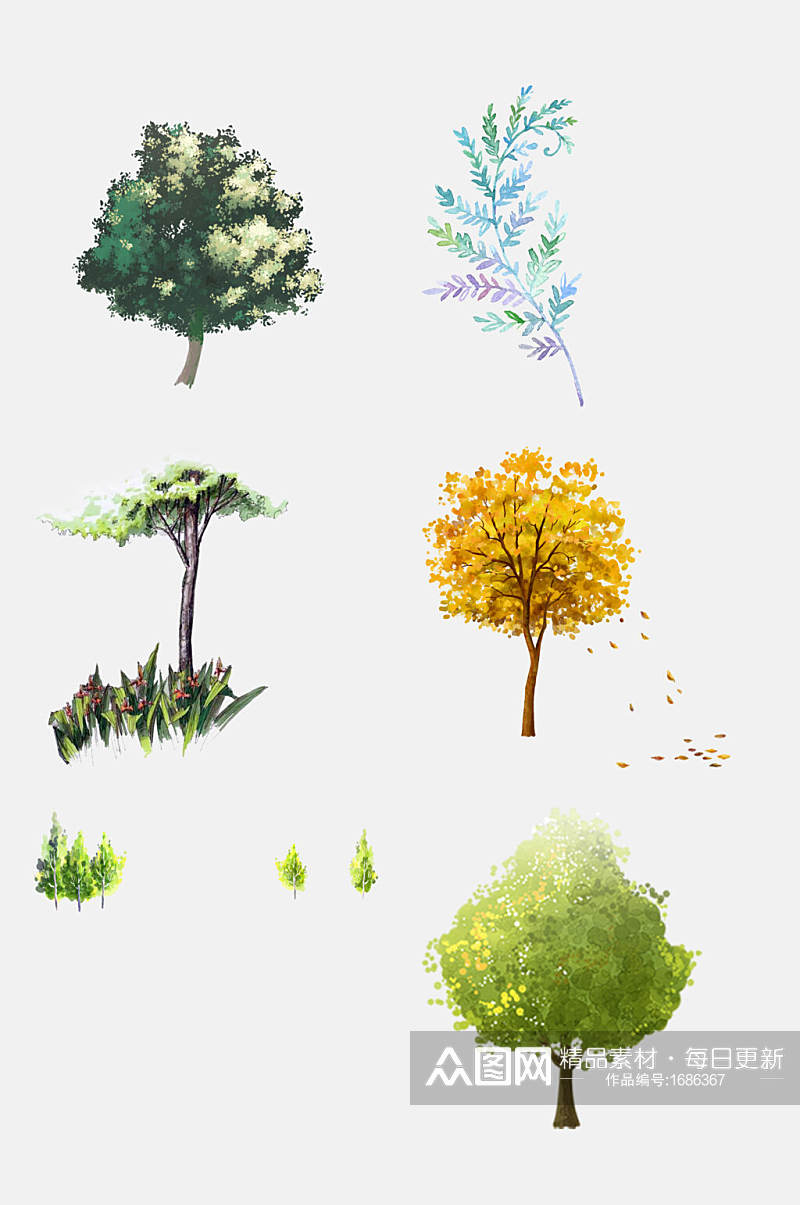小清新绿植水彩树木元素素材