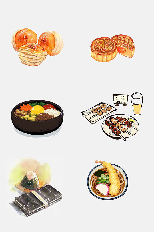 月饼韩国拌饭日式拉面美味料理手绘元素