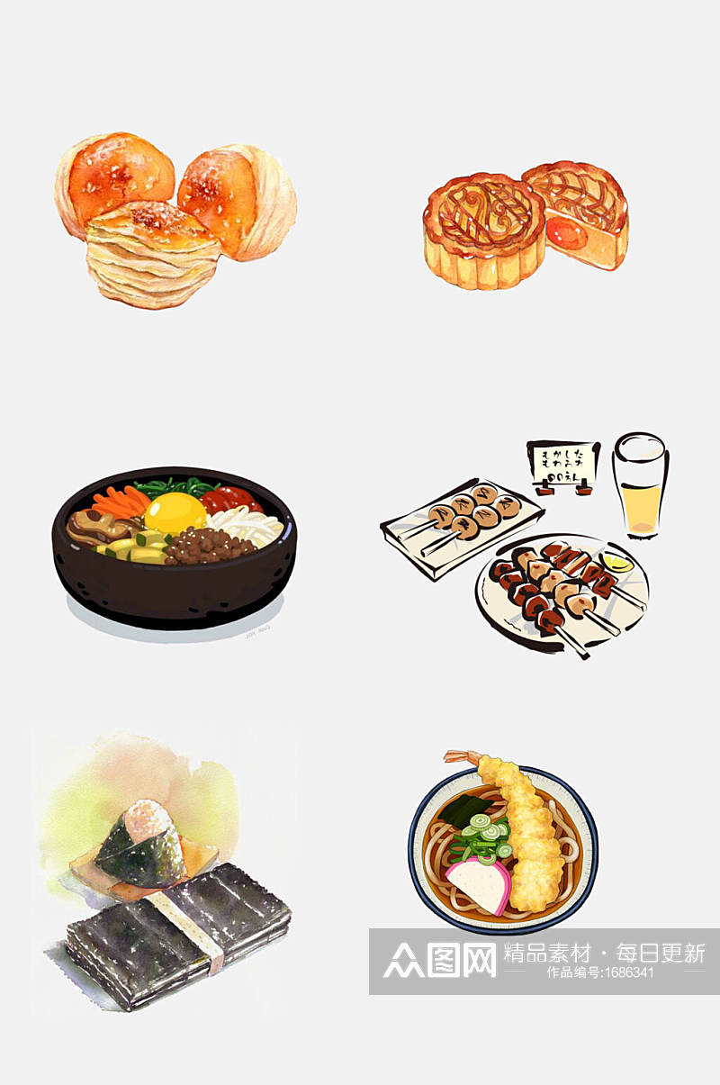 月饼韩国拌饭日式拉面美味料理手绘元素素材