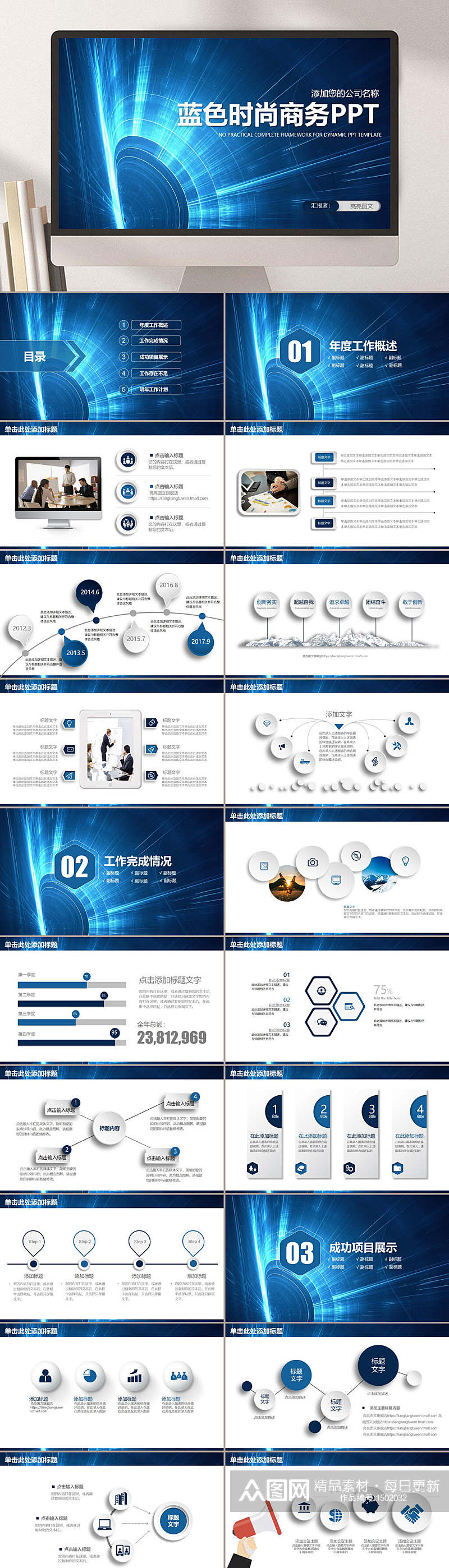 工作汇报年终总结蓝色商务PPT模板素材